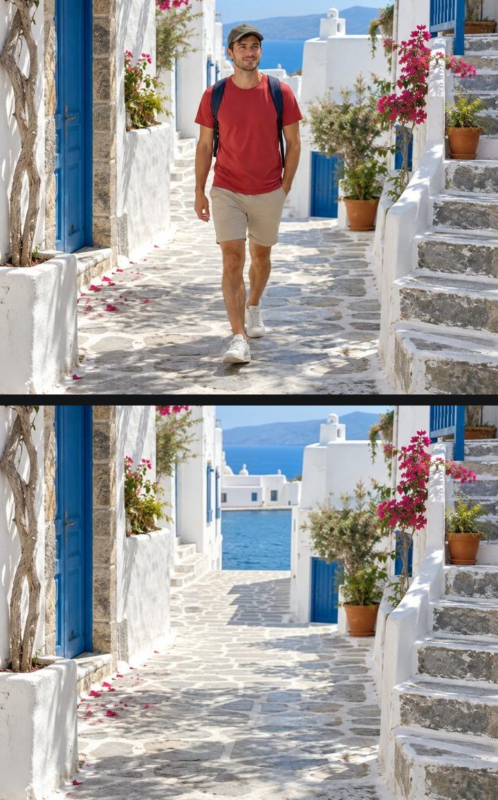 The same street photo before and after a person was removed