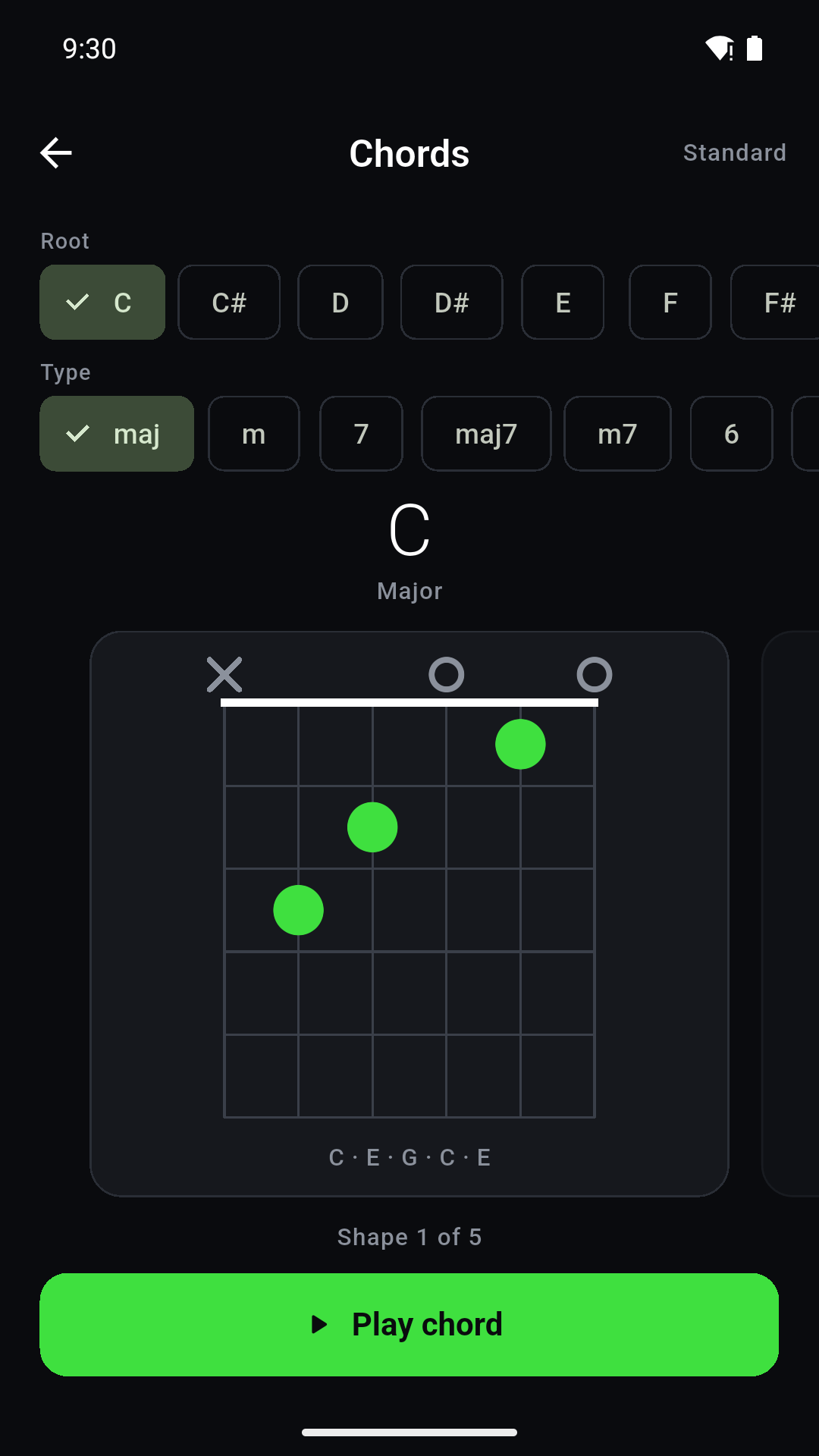 Chord fingerings for the current tuning
